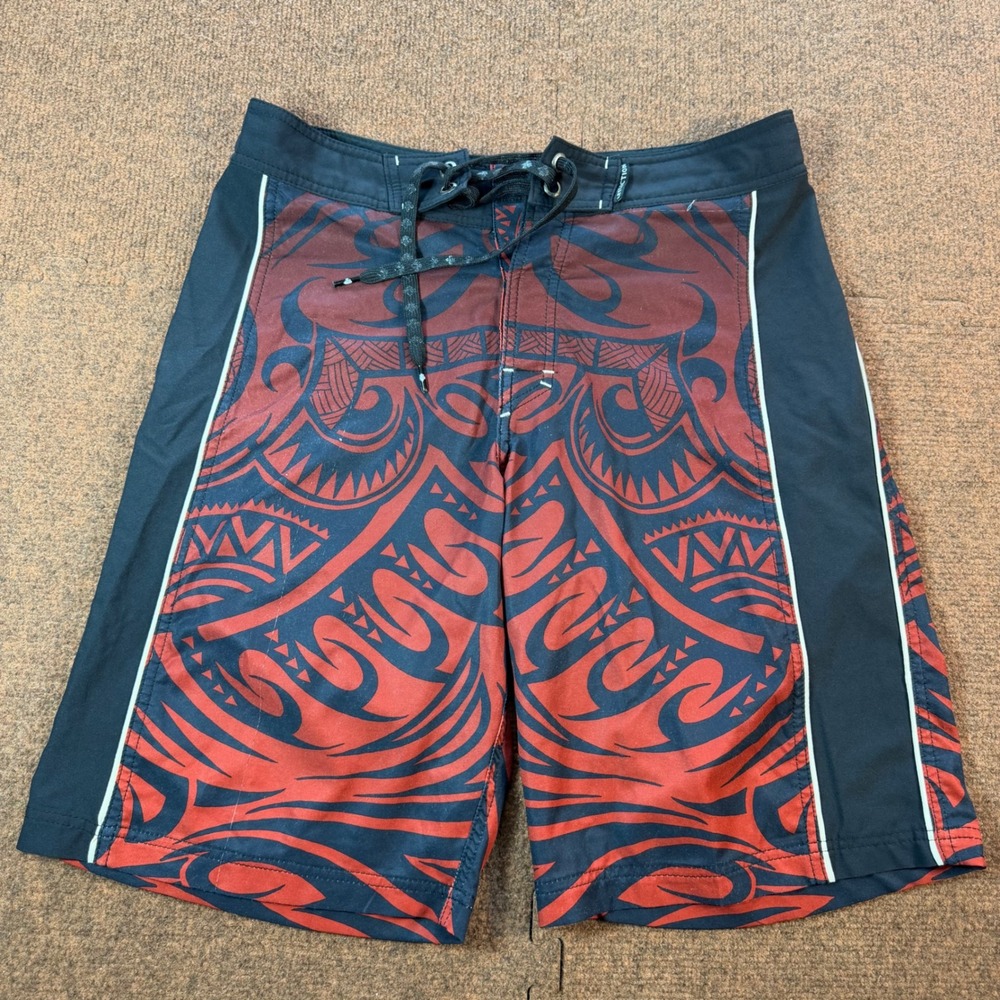 Affliction Board Shorts Mens 31 Red Black Tribal Graphic Swim Trunks 01BS412